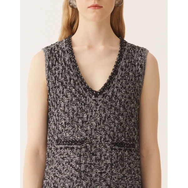 Navy Tweed Dress with Denim Effect Sequins in Night Blue - Image 5