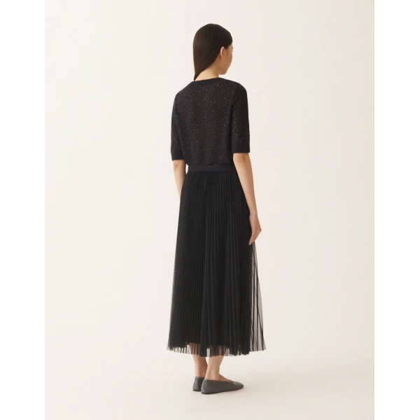 Wide Pleated Tulle Skirt in Night Blue