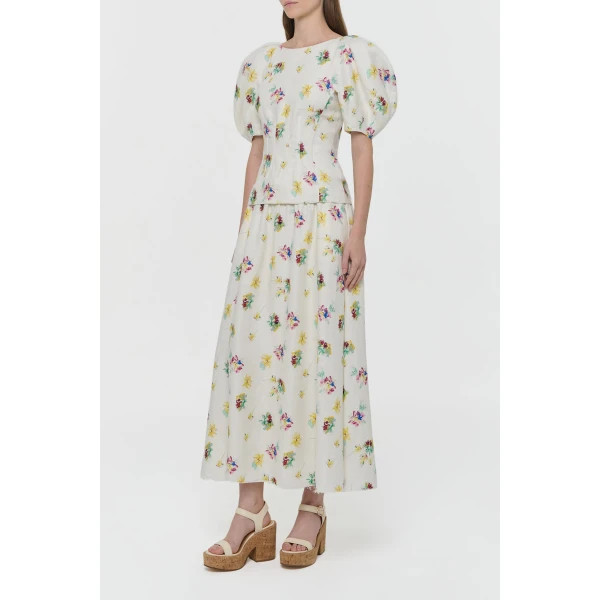 Ayelet Puff Sleeve Mia's Flowers Top in Ivory Multi Printed Linen Twill