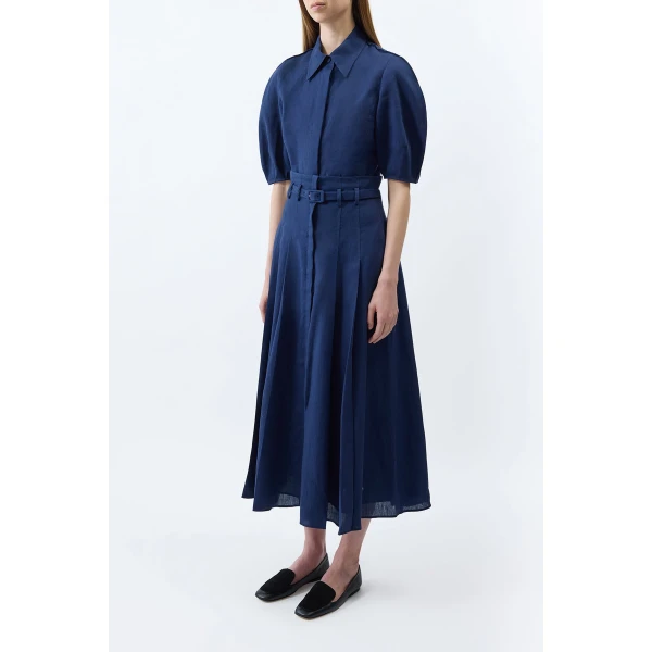 Dugald Pleated Midi Skirt in Electric Navy Aloe Linen