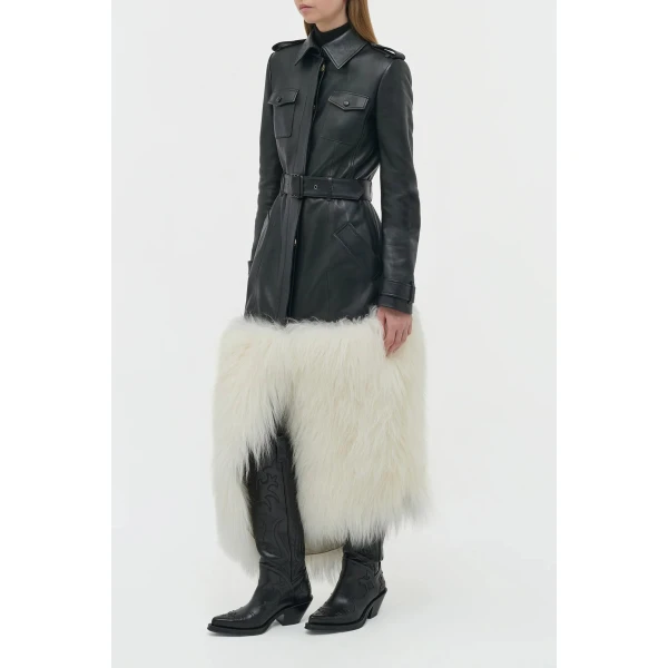 Isak Trench Coat in Black Soft Leather & Ivory Cashmere Shearling