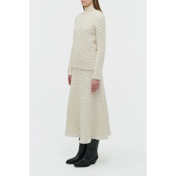 Kanta Fringe Knit Midi Skirt in Ivory Cashmere