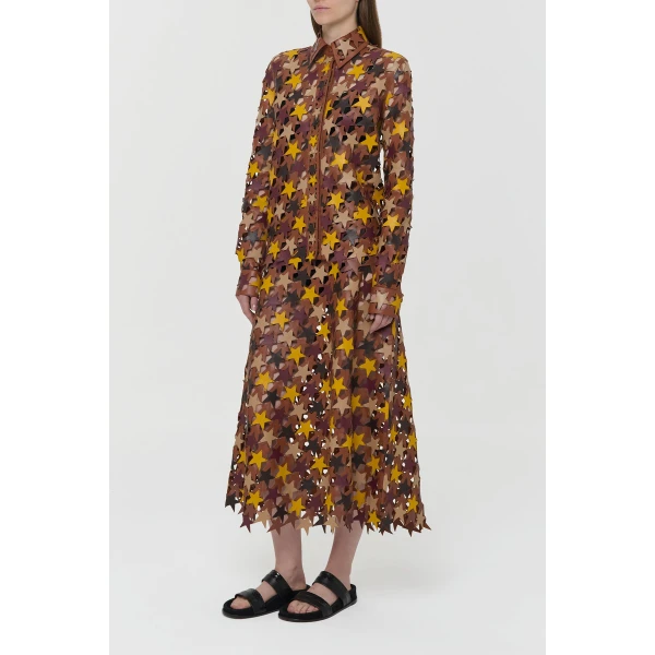 Lirael Patchwork Stars Midi Skirt in Multi Nappa Leather