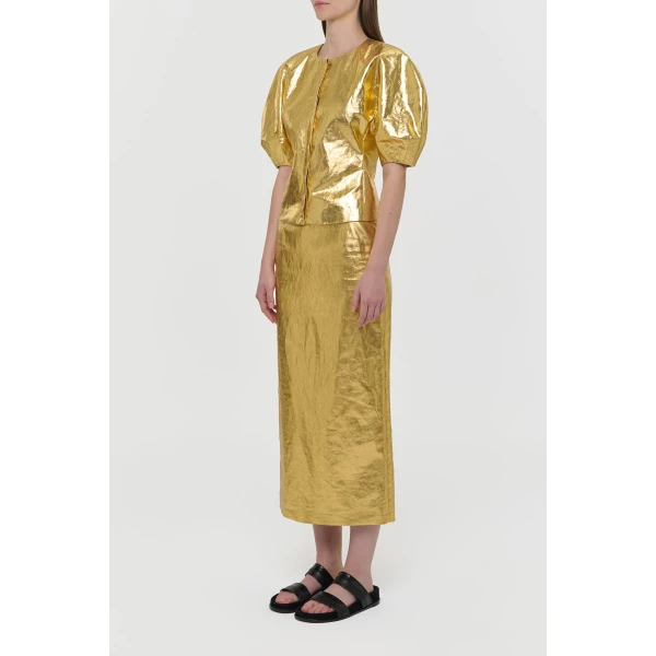 Manuela Midi Skirt in Metallic Gold Linen Twill