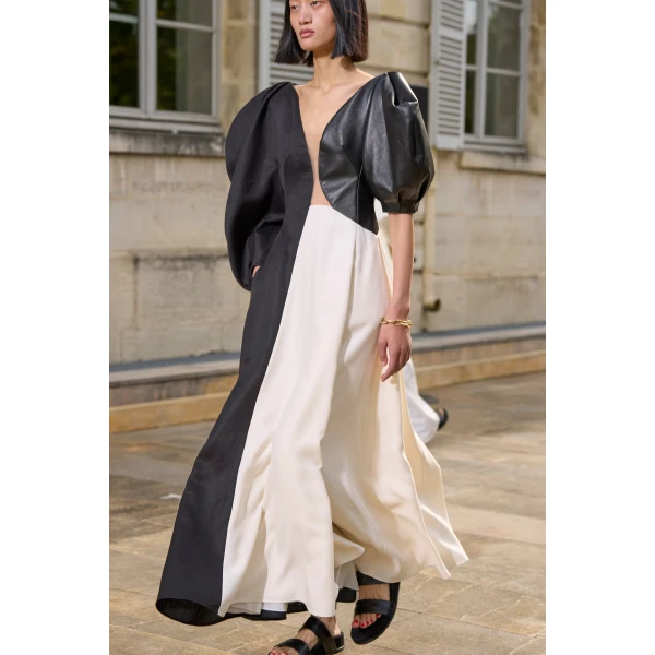 Sephir Puff Sleeve Maxi Dress in Ivory Silk Wool Cady
