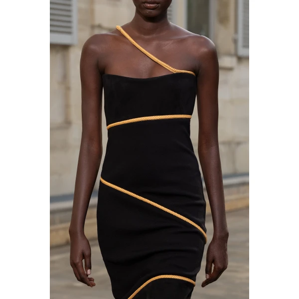 Tibor Rope Strapless Maxi Dress in Black Suede & Merino Wool