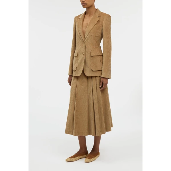 Wesley Pleated Skirt in Camel Sea Island Cotton Corduroy
