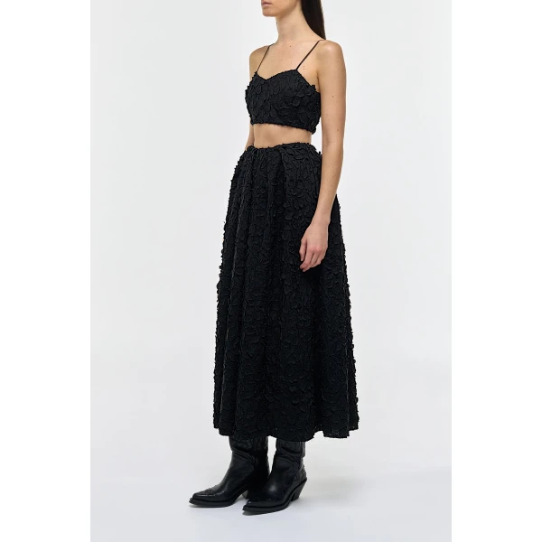 Zelia Embroidered Leaves Maxi Skirt in Black Linen