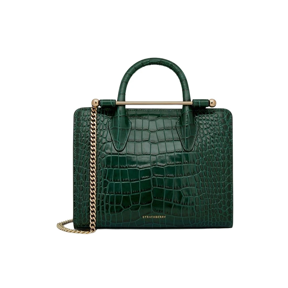 Green-Mini-Tote-in-Croc-embossed-Bottle-Green78349_nobg Strathberry Mini Tote bag