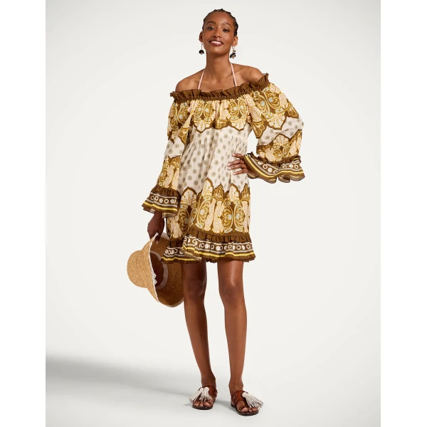 La DoubleJ Boho Mini Dress in Cocoon Placée Brown - Dresses - Milanese Maximalist Fashion at Luxury Shoes 