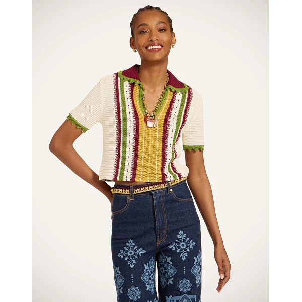La DoubleJ Bowling Polo in Multicolor Ivory & Yellow - Knitwear - Milanese Maximalist Fashion at Luxury Shoes 