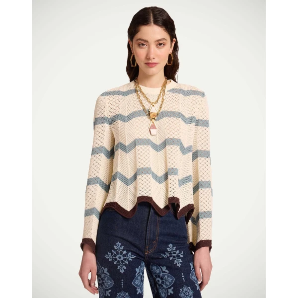 La DoubleJ Chevron Crop Sweater in Color Block Ivory & Blue - Knitwear - Milanese Maximalist Fashion at Luxury Shoes 