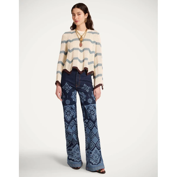 La DoubleJ Chevron Crop Sweater in Color Block Ivory & Blue - Knitwear - Milanese Maximalist Fashion at Luxury Shoes 
