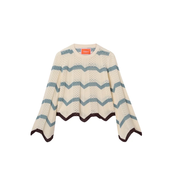 La DoubleJ Chevron Crop Sweater in Color Block Ivory & Blue - Knitwear - Milanese Maximalist Fashion at Luxury Shoes 