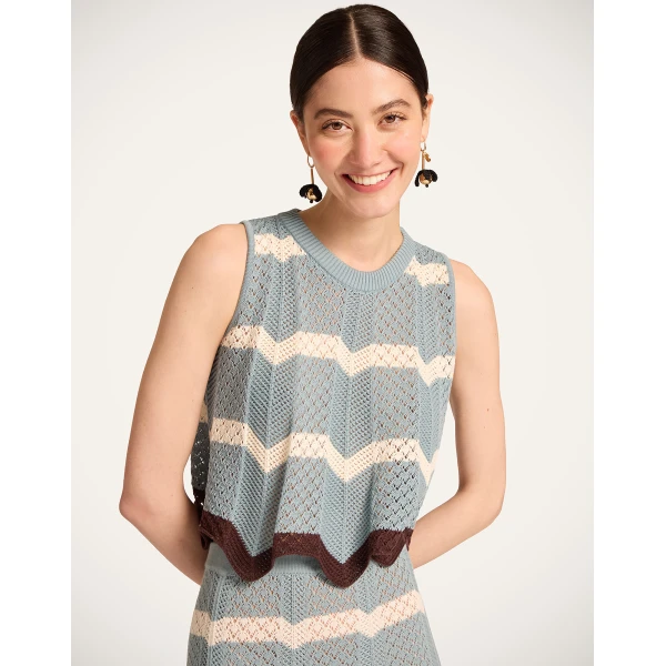 La DoubleJ Chevron Top in Color Block Blue & Ivory - Knitwear - Milanese Maximalist Fashion at Luxury Shoes 