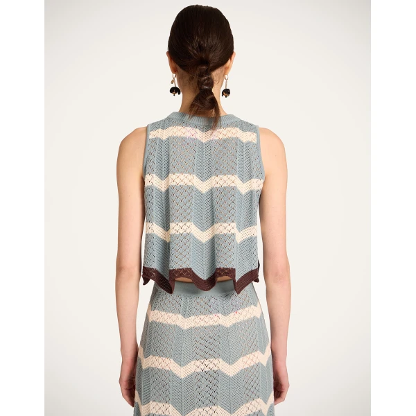 La DoubleJ Chevron Top in Color Block Blue & Ivory - Knitwear - Milanese Maximalist Fashion at Luxury Shoes 
