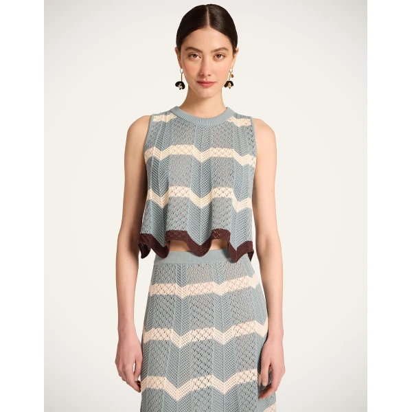 La DoubleJ Chevron Top in Color Block Blue & Ivory - Knitwear - Milanese Maximalist Fashion at Luxury Shoes 