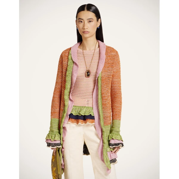 La DoubleJ Eight Counts Cardigan in Color Block Orange & Green - Knitwear - Milanese Maximalist Fashion at Luxury Shoes 