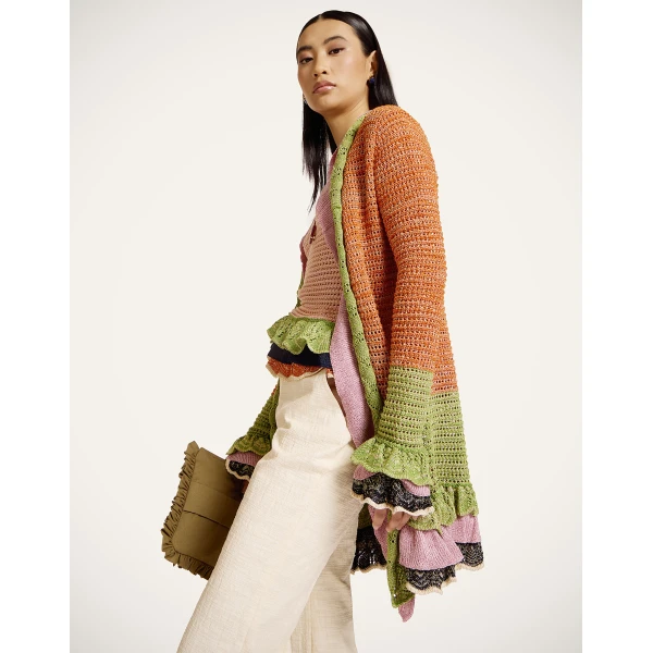 La DoubleJ Eight Counts Cardigan in Color Block Orange & Green - Knitwear - Milanese Maximalist Fashion at Luxury Shoes 