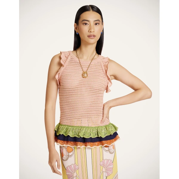 La DoubleJ Eight Counts Crop Top in Color Block Pink & Green - Knitwear - Milanese Maximalist Fashion at Luxury Shoes 