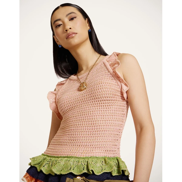 La DoubleJ Eight Counts Crop Top in Color Block Pink & Green - Knitwear - Milanese Maximalist Fashion at Luxury Shoes 