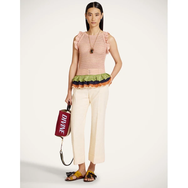 La DoubleJ Eight Counts Crop Top in Color Block Pink & Green - Knitwear - Milanese Maximalist Fashion at Luxury Shoes 