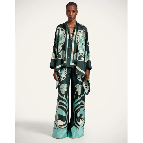 La DoubleJ Foulard Shirt in Blooming Tulip Placée Dark Green - Tops - Milanese Maximalist Fashion at Luxury Shoes 