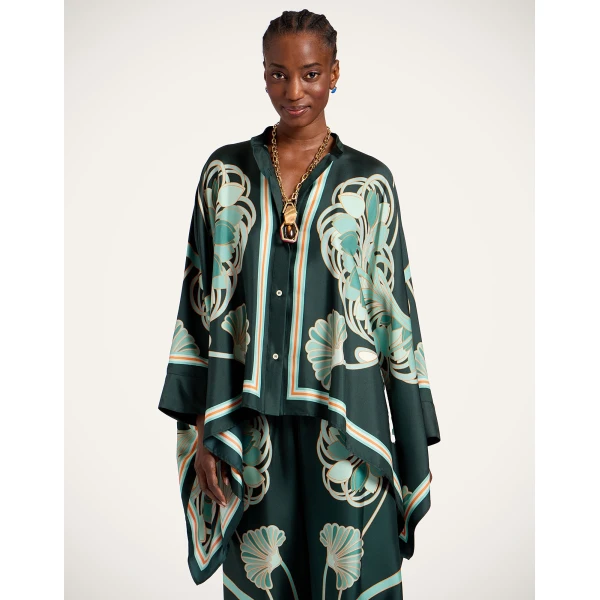La DoubleJ Foulard Shirt in Blooming Tulip Placée Dark Green - Tops - Milanese Maximalist Fashion at Luxury Shoes 