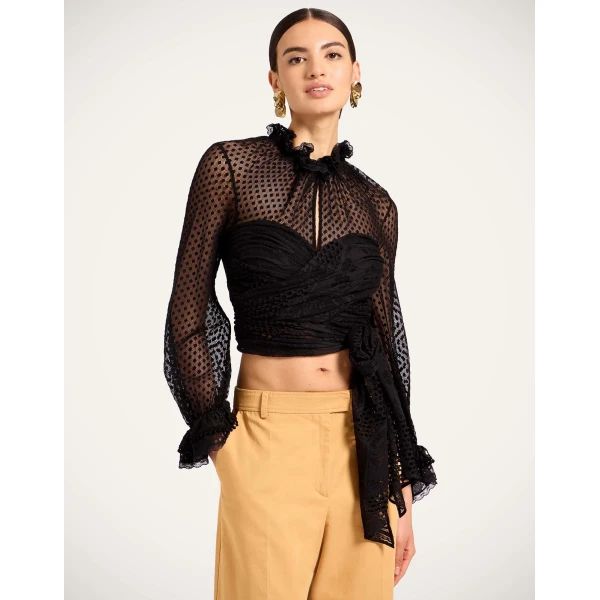 La DoubleJ Lacey En Pointe Top in Solid Black - Tops - Milanese Maximalist Fashion at Luxury Shoes 