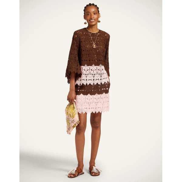 La DoubleJ Lacey Mini Baia Skirt in Color Block Chocolate & Pink - Skirts - Milanese Maximalist Fashion at Luxury Shoes 