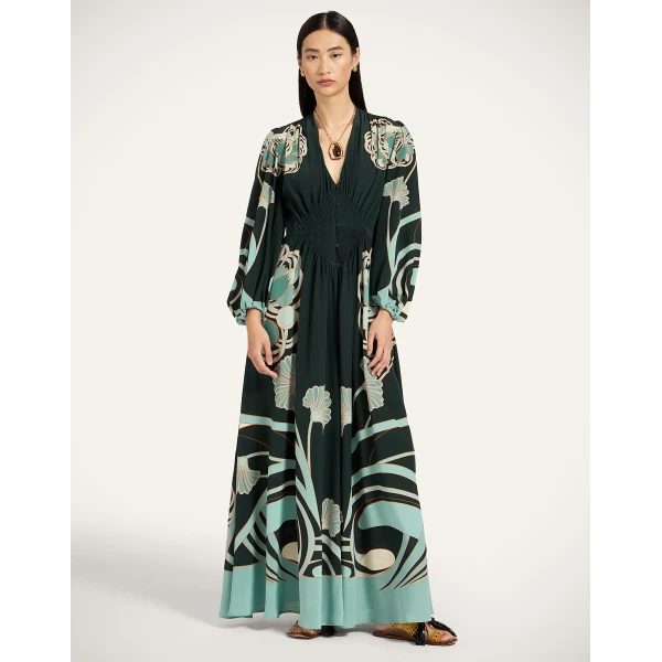 La DoubleJ Long Camerino Dress in Blooming Tulip Placée Dark Green - Dresses - Milanese Maximalist Fashion at Luxury Shoes 