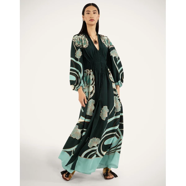 La DoubleJ Long Camerino Dress in Blooming Tulip Placée Dark Green - Dresses - Milanese Maximalist Fashion at Luxury Shoes 