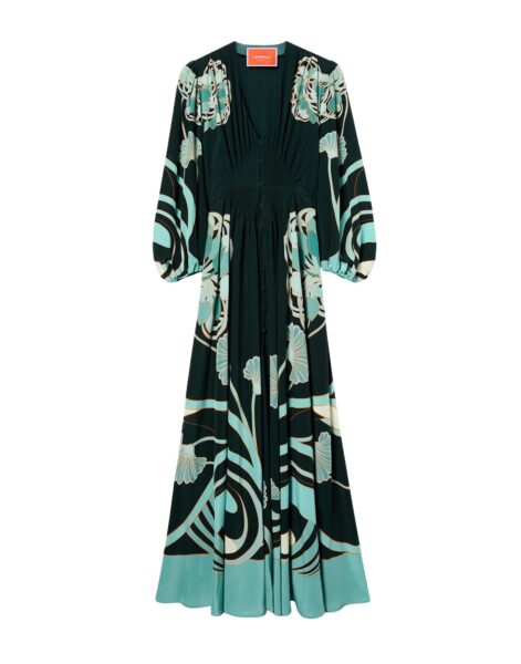 La DoubleJ Long Camerino Dress in Blooming Tulip Placée Dark Green - Dresses - Milanese Maximalist Fashion at Luxury Shoes 