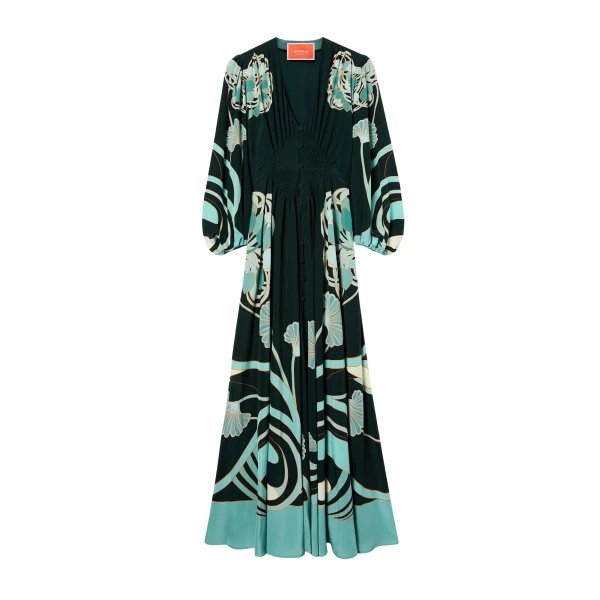 La DoubleJ Long Camerino Dress in Blooming Tulip Placée Dark Green - Dresses - Milanese Maximalist Fashion at Luxury Shoes 