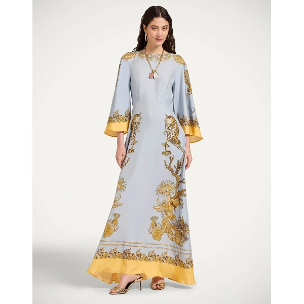 La DoubleJ Long Sorella Dress in Oceania Placée Light Blue - Dresses - Milanese Maximalist Fashion at Luxury Shoes 