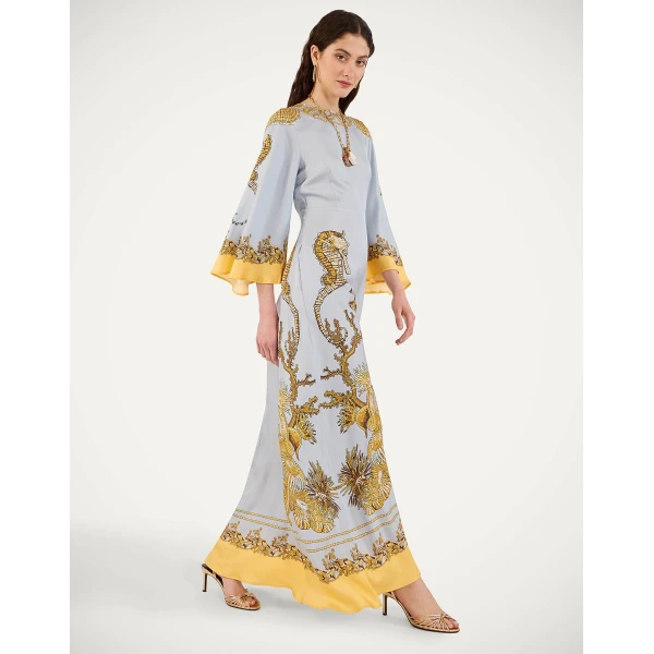 La DoubleJ Long Sorella Dress in Oceania Placée Light Blue - Dresses - Milanese Maximalist Fashion at Luxury Shoes 