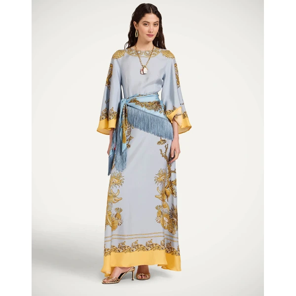 La DoubleJ Long Sorella Dress in Oceania Placée Light Blue - Dresses - Milanese Maximalist Fashion at Luxury Shoes 
