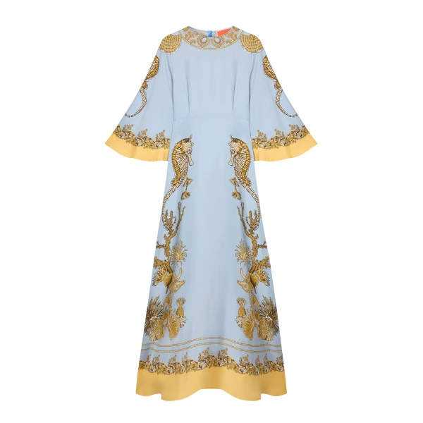 La DoubleJ Long Sorella Dress in Oceania Placée Light Blue - Dresses - Milanese Maximalist Fashion at Luxury Shoes 