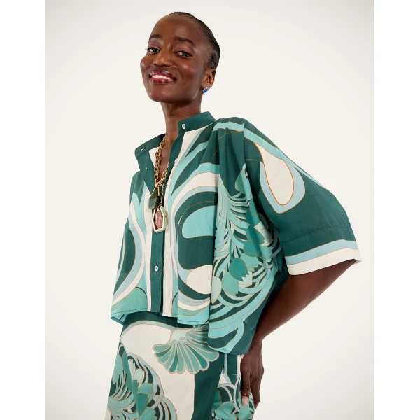 La DoubleJ Mini Foulard Shirt in Blooming Tulip Placée Mint - Tops - Milanese Maximalist Fashion at Luxury Shoes 
