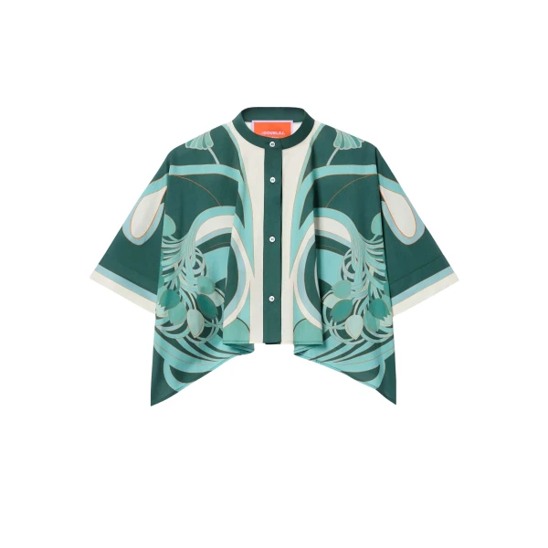 La DoubleJ Mini Foulard Shirt in Blooming Tulip Placée Mint - Tops - Milanese Maximalist Fashion at Luxury Shoes 