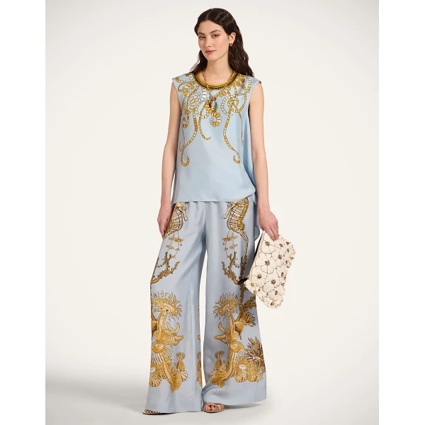 La DoubleJ Palazzo Pants in Oceania Placée Light Blue - Pants - Milanese Maximalist Fashion at Luxury Shoes 