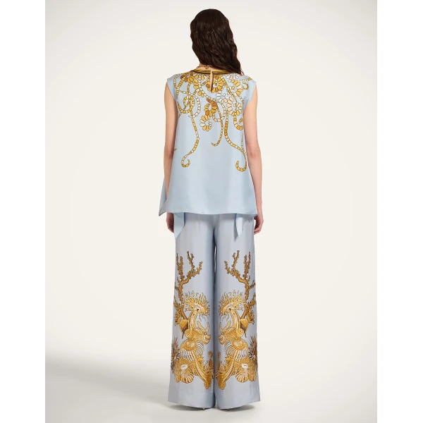 La DoubleJ Palazzo Pants in Oceania Placée Light Blue - Pants - Milanese Maximalist Fashion at Luxury Shoes 