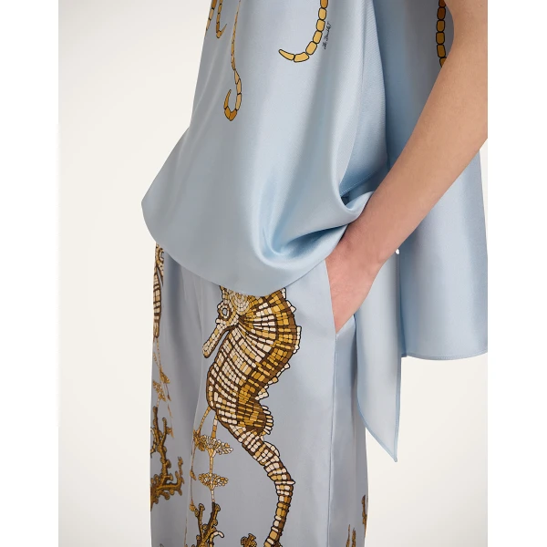 La DoubleJ Palazzo Pants in Oceania Placée Light Blue - Pants - Milanese Maximalist Fashion at Luxury Shoes 