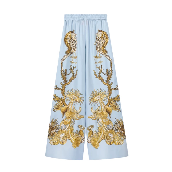 La DoubleJ Palazzo Pants in Oceania Placée Light Blue - Pants - Milanese Maximalist Fashion at Luxury Shoes 