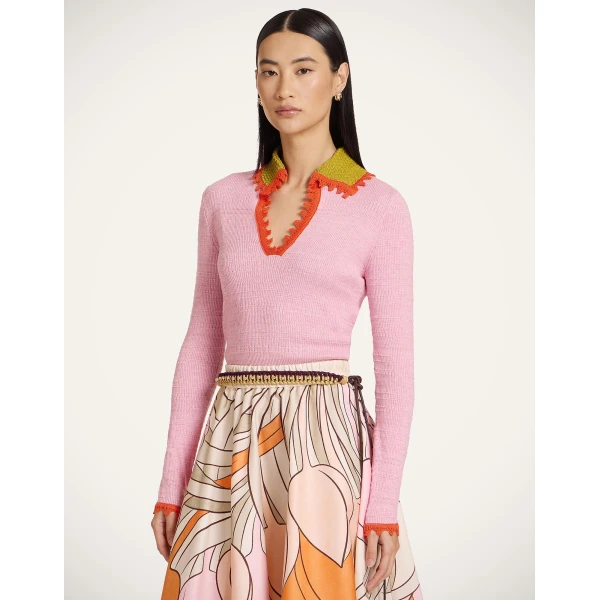 La DoubleJ Picket Polo Jumper in Solid Pink - Knitwear - Milanese Maximalist Fashion at Luxury Shoes 
