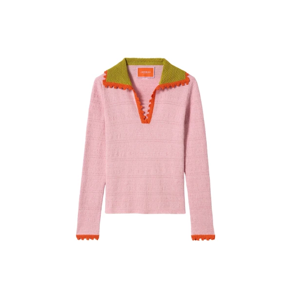La DoubleJ Picket Polo Jumper in Solid Pink - Knitwear - Milanese Maximalist Fashion at Luxury Shoes 