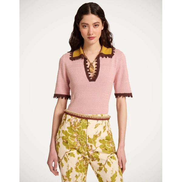 La DoubleJ Picket Polo Top in Solid Pink - Knitwear - Milanese Maximalist Fashion at Luxury Shoes 