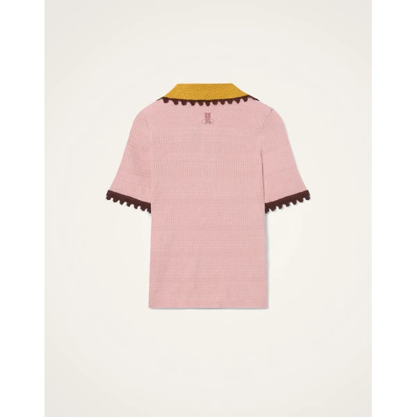 La DoubleJ Picket Polo Top in Solid Pink - Knitwear - Milanese Maximalist Fashion at Luxury Shoes 
