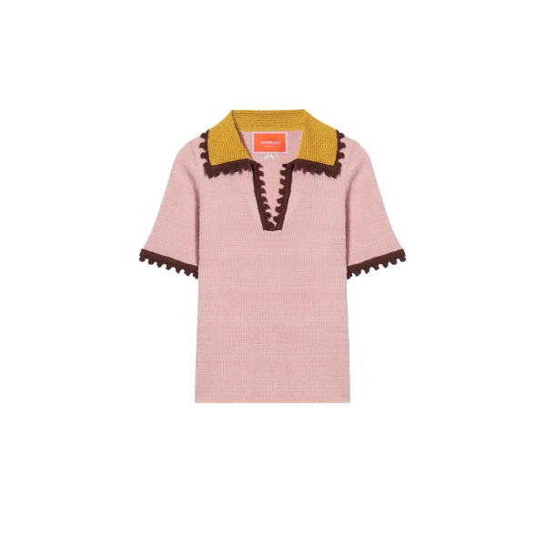 La DoubleJ Picket Polo Top in Solid Pink - Knitwear - Milanese Maximalist Fashion at Luxury Shoes 
