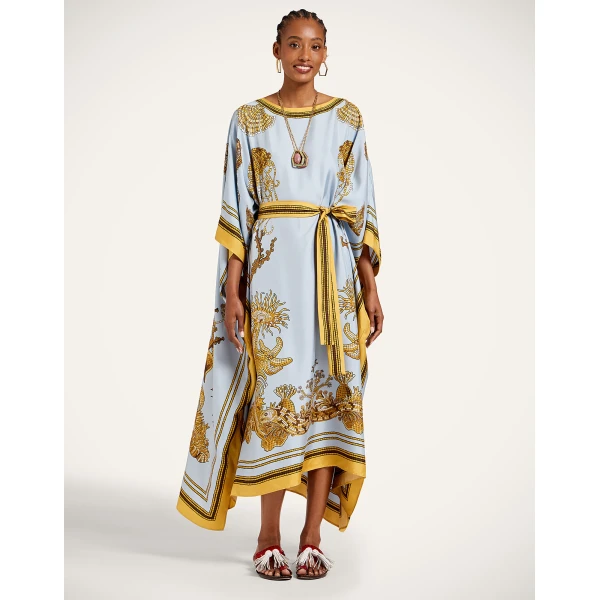La DoubleJ Square Kaftan in Oceania Placée Light Blue - Dresses - Milanese Maximalist Fashion at Luxury Shoes 